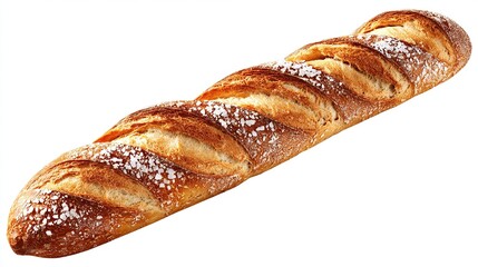 A long, crusty baguette with a golden-brown crust, slightly dusted with flour, showcasing deep slashes and an airy interior hinted at by the texture