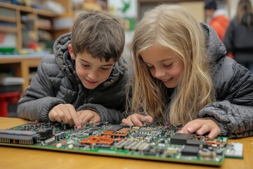 Two classmates working together on circuit board to build robot in after-school robotics club, fostering learning and creativity in elementary school robotics, Generative AI