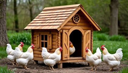 Group of white chickens and roosters gathered around a small wooden hen house, enjoying the peaceful atmosphere of the farmyard