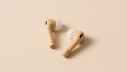 Wireless earbuds made from sustainable materials on a neutral background showcasing eco-friendly design and modern technology