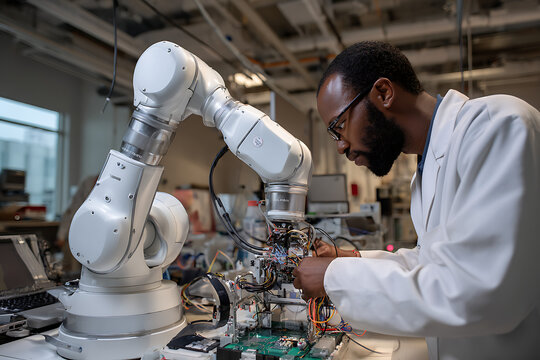 Skilled engineer calibrates advanced robotic arm for precision manufacturing and technological innovation in a modern lab