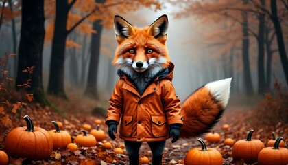 Funny fox wearing orange jacket and gloves standing in autumn forest with pumpkins and fog, fall mood, thanksgiving, halloween