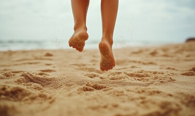 Close-up of a young girl's legs jumping on the sand beach, capturing the carefree joy of summer activities, Generative AI