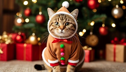 Adorable tabby cat wearing festive gingerbread costume sitting near decorated Christmas tree with red gift boxes
