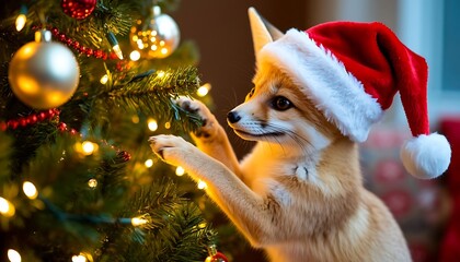 Adorable pet fox wearing a Santa Claus hat, playfully interacting with the illuminated decorations of a Christmas tree, creating a heartwarming holiday scene