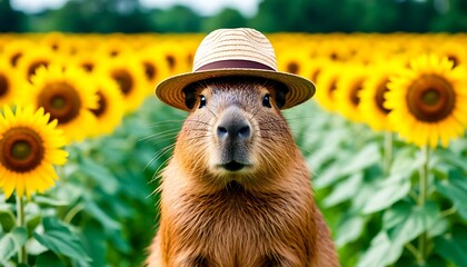 Capybara wearing a straw hat poses happily in a vibrant sunflower field, surrounded by blooming yellow petals under the sunny sky
