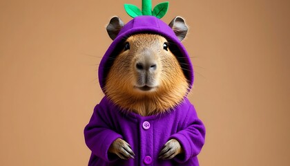 Capybara wearing purple bathrobe with grape hood on brown background, studio shot, looking at camera