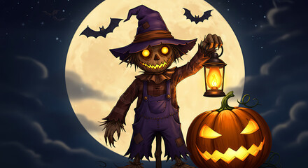 Spooky Halloween Night A Cartoon Scarecrow's Lantern-Lit Adventure Under the Harvest Moon