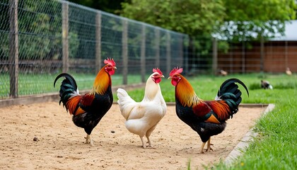 Two colorful roosters and a white hen standing together on sand inside a fenced area of a farm