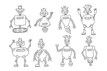 Hand drawn doodle set of funny cartoon robots with various shapes, arms, and expressions on white background. This vector represents technology, creativity, and futuristic imagination.