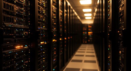 Rows of glowing server racks in a dimly lit data center hallway