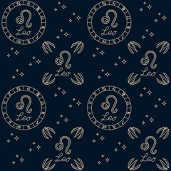 Seamless zodiac pattern with Leo symbol, constellations, and astrological circle on a dark background. This vector represents astrology, horoscope, and cosmic energy