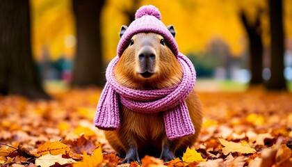Capybara wearing a cozy purple wool hat and scarf, sitting in a vibrant park surrounded by colorful autumn leaves and foliage