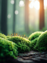 Extreme Closeup of Velvety Moss Ground with Dew Droplets, Subtle Green Tones, and Blurred Misty Summer Rainforest Background with Sun Rays, Featuring Open Copy Space for Product Placement