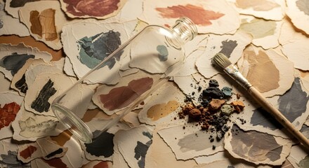 An overturned glass bottle surrounded by scattered textured paper fragments with colorful paint splotches and a paintbrush under warm lighting.