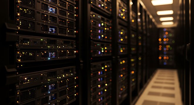 Rows of glowing server racks in a dimly lit data center