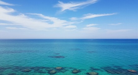 Obraz premium Serene Seascape, Tranquil Ocean, Coastal View, Landscape Photography, Clear Skies, Aerial Perspective