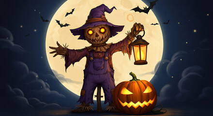 Cartoon Scarecrow with Lantern Halloween Illustration