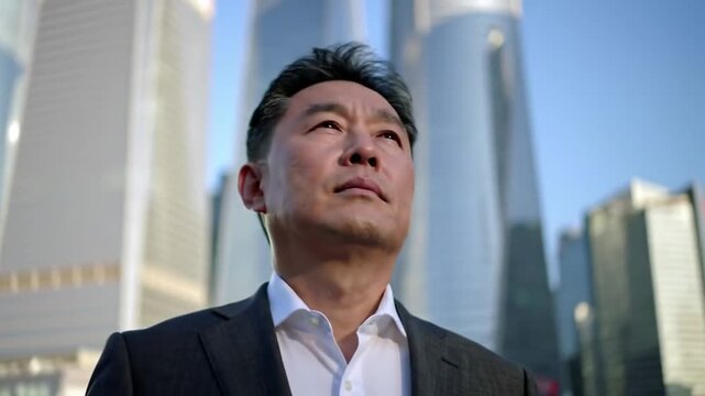 Businessman looking upward against city backdrop