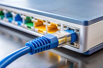 Photo of blue ethernet cable plugged into router for network connectivity