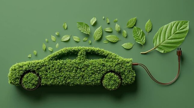  Green car made of grass and leaves is charging. - Representing electronic energy or sustainable power.showcasing sustainable transportation and ecofriendly automotive design.