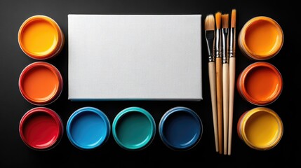 Colorful paint containers and brushes arranged on a dark surface with a blank canvas.