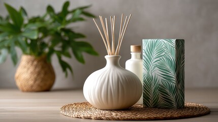 White ceramic diffuser and decorative box with tropical print.