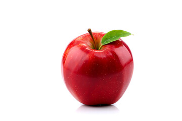 A single vibrant red apple with a green leaf and stem isolated on a clean white background
