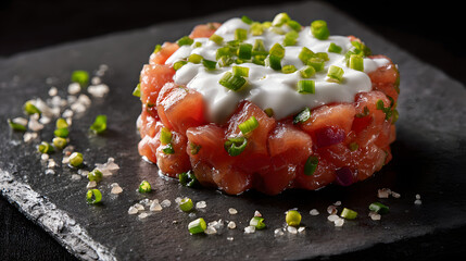 A beautifully presented salmon tartare, topped with a dollop of creamy sauce and sprinkled with fresh chives, set on a dark slate surface.