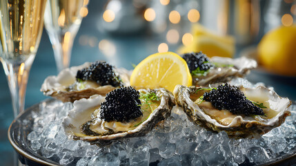 A luxurious serving of fresh oysters topped with black caviar, nestled on a bed of ice, with a slice of lemon and two glasses of champagne blurred in the background.