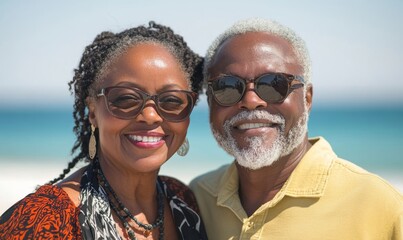 Happy Black African American senior couple on the beach by the sea. Candid white man and Black woman in love, Generative AI