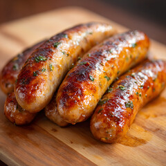 A delicious stack of perfectly grilled sausages, golden brown and garnished with fresh herbs, resting on a rustic wooden cutting board.