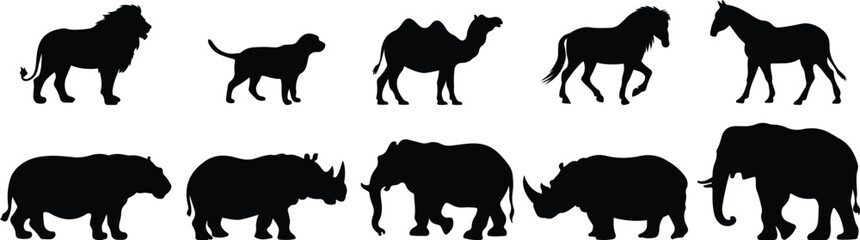 Vector silhouettes of wild and domestic animals for design use.