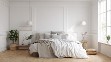 Scandinavian bedroom, white walls, wooden floor, neutral bedding, cozy lighting, clean and calm design 