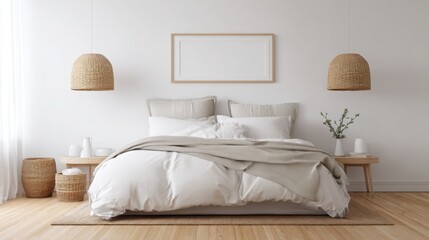 Scandinavian bedroom, white walls, wooden floor, neutral bedding, cozy lighting, clean and calm design 