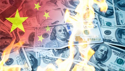 中国の国旗とお金が燃えている