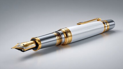 and keyword list based on the image

 Fountain Pen Close-Up Inking Position with Gold Trim on White Background Studio Set