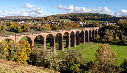 Autumnal vista of a long stone arch railway viaduct spanning a valley