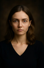 A serious brunette model in her 20s, looking and thinking with a captivating expression, her face highlighted by dark hair and striking eyes