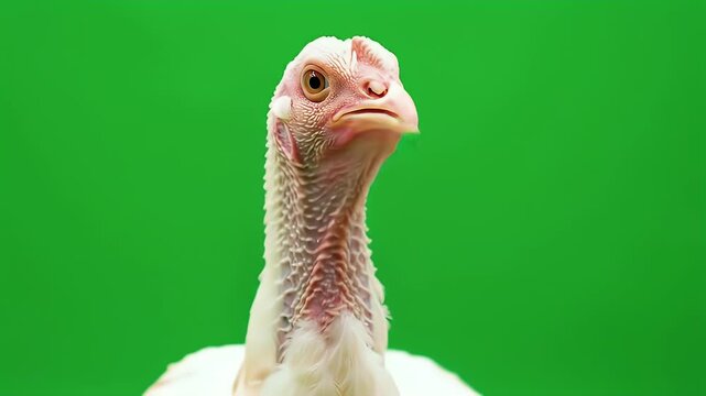 White domestic turkey head and neck close-up on vibrant green screen background, looking at camera