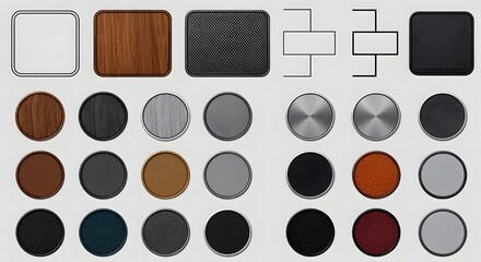 A versatile collection of material swatches and design elements, showcasing wood, metal, and textured finishes for modern product and interface design.