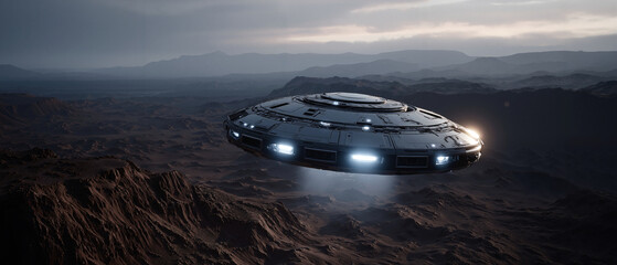 A disc-shaped spaceship hovers above a barren rocky desert as its rim lights glow and an underside beam illuminates the ground below.