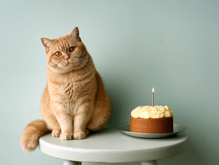 A ginger cat with amber eyes sits on a round table beside a small birthday cake topped with a single lit candle against a soft pastel wall.