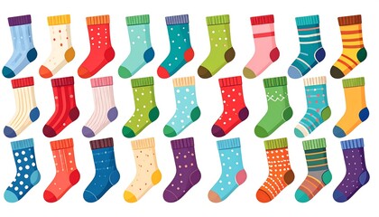 Assortment of playful cartoon socks, each showcasing a unique vibrant color and pattern creating a