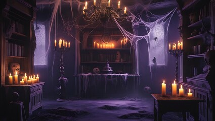 Creepy Halloween Interior with Pumpkins, Skulls, Candles, and Gothic Decor