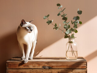 A Siamese cat stands on a wooden crate beside a glass vase of eucalyptus stems bathed in warm sunlight against a peach wall.