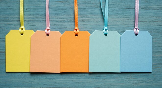 Five pastel colored gift tags hanging on ribbons against a textured blue background