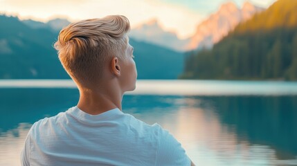 Fototapeta premium Youth Teenager enjoying a peaceful moment by a lake, reflecting on life and personal growth.