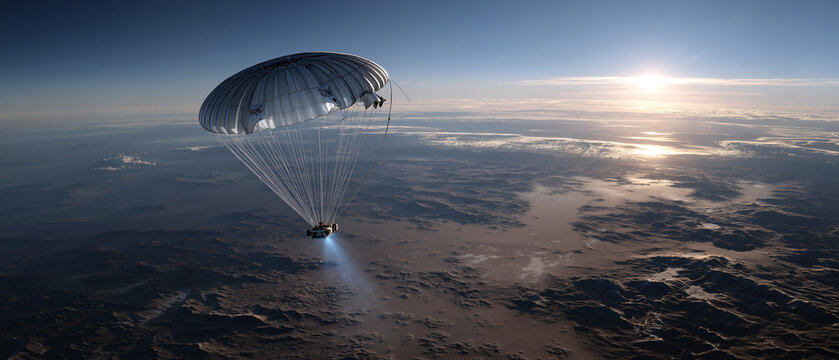 A parachute-assisted descent vehicle glides over rugged Martian terrain at sunrise, its blue landing light illuminating the rocky landscape.