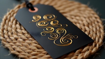 A close-up of an elegant black tag with a luxurious gold foil swirl design, resting on a rustic woven jute surface.